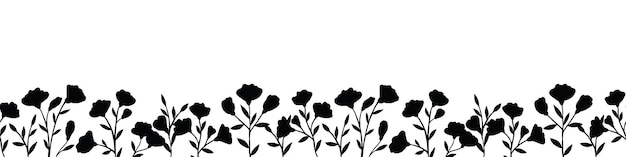 Seamless vector horizontal ornament of field herbs and plants Black silhouettes of flowers