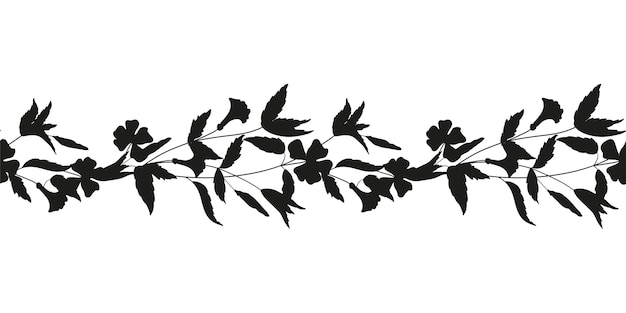 Seamless vector horizontal ornament of field herbs and plants Black silhouettes of flowers