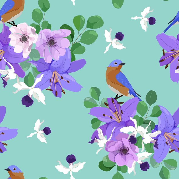 Vector seamless vector illustration with anemones lily orchids and birds