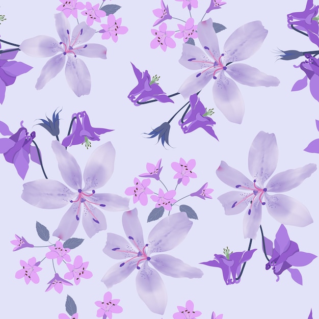 Seamless vector illustration with aquilegia and lily on a lilac background