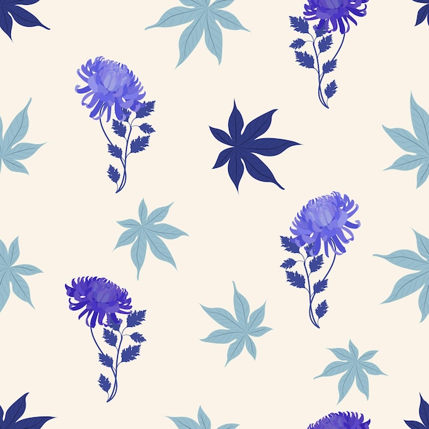 Seamless vector illustration with chrysanthemums and leaves in a light background