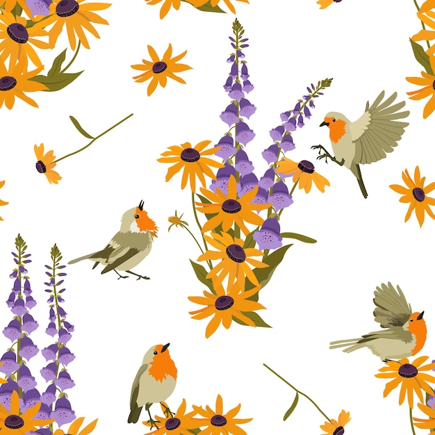 Seamless vector illustration with flowers of rudbeckiadigitalis and birds on white background For decorating textiles packaging covers