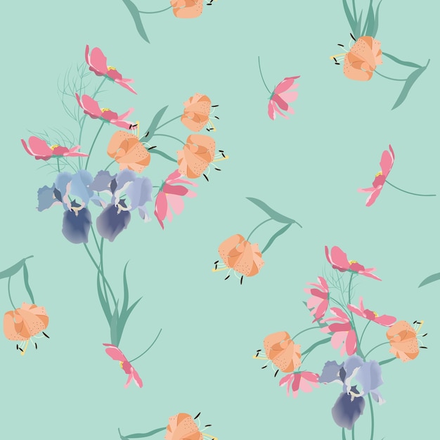 Seamless vector illustration with gentle kosmea lily iris in a green background