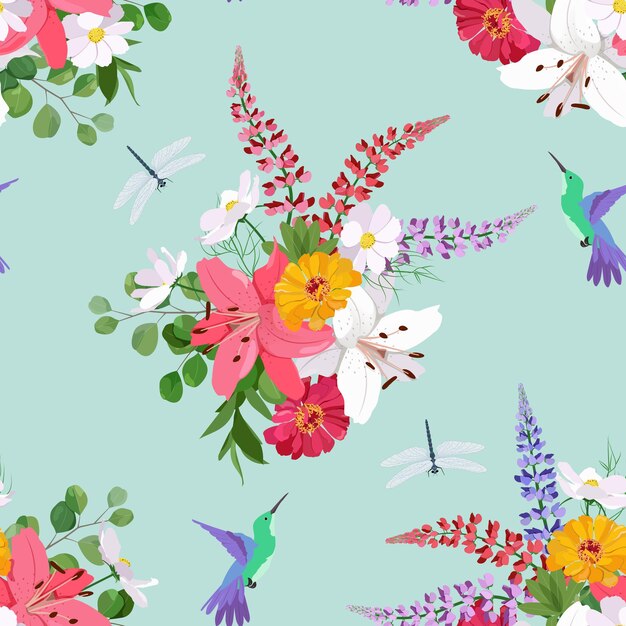 Vector seamless vector illustration with lupines lily chrysanthemum hummingbirds and dragonflies