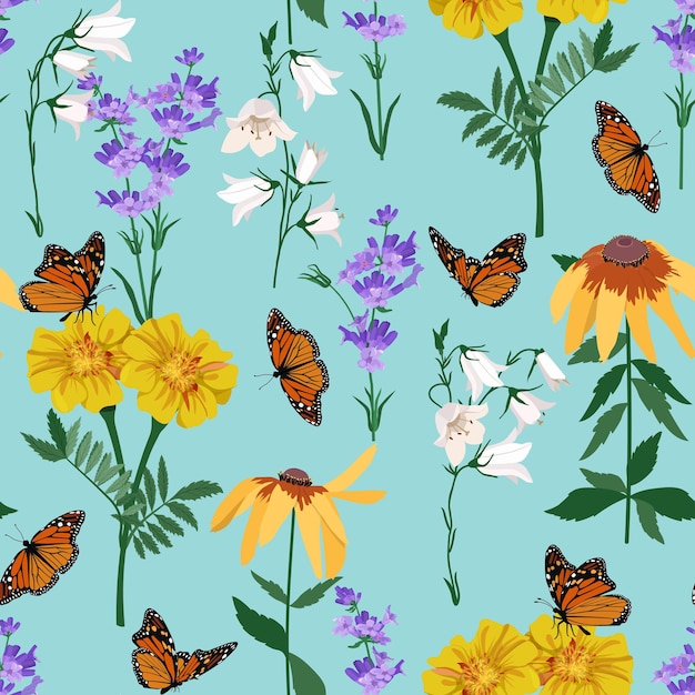 Seamless vector illustration with marigolds campanula lavender and butterflies