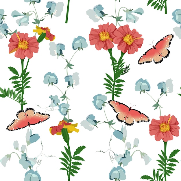 Seamless vector illustration with pink marigolds sweet pea and butterflies on a white background