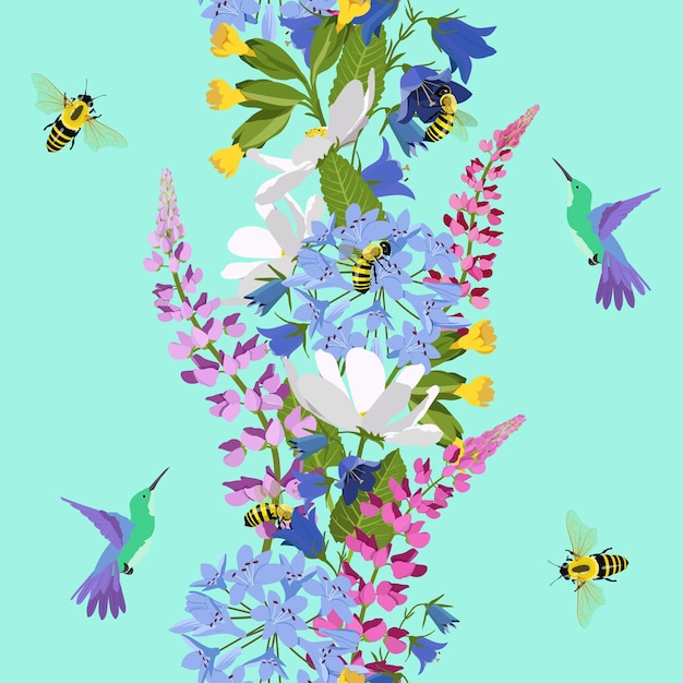 Vector seamless vector illustration with primrose lupines birds and bees on a turquoise background