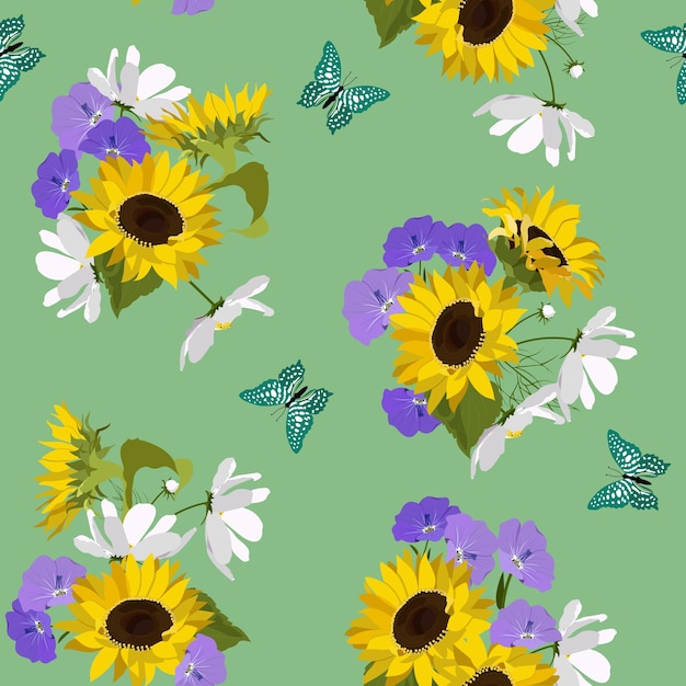 Seamless vector illustration with sunflowers field flowers and butterflies on a green background