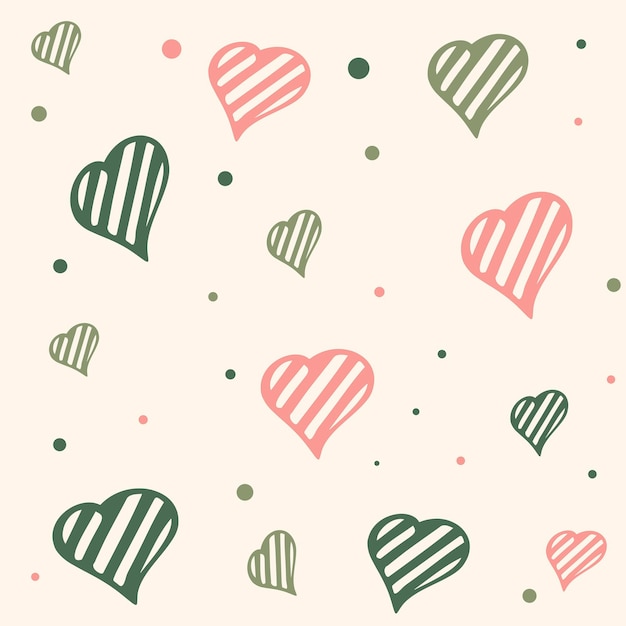 Seamless vector love pattern Striped pink and green hearts on light beige background