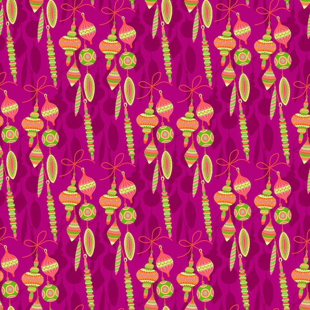 Seamless vector new year bright pattern with orange and green fur tree ornament balls on pink