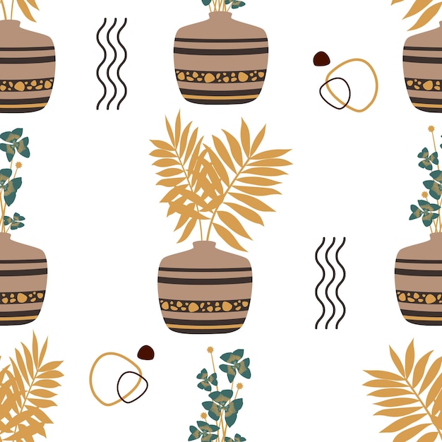 Seamless vector pattern a bouquet of palm leaves in a flower vase or pot with an ornament in the Egyptian style for the interior Abstract lines and dots tropical plant