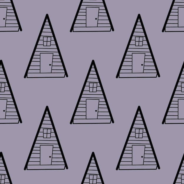 Seamless vector pattern of contour houses in the style of doodles on a purple background