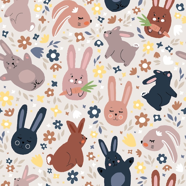 Seamless vector pattern of cute drawn bunnies and flowers tender flat illustration for baby clothes postcards wrapping paper wallpaper fabric