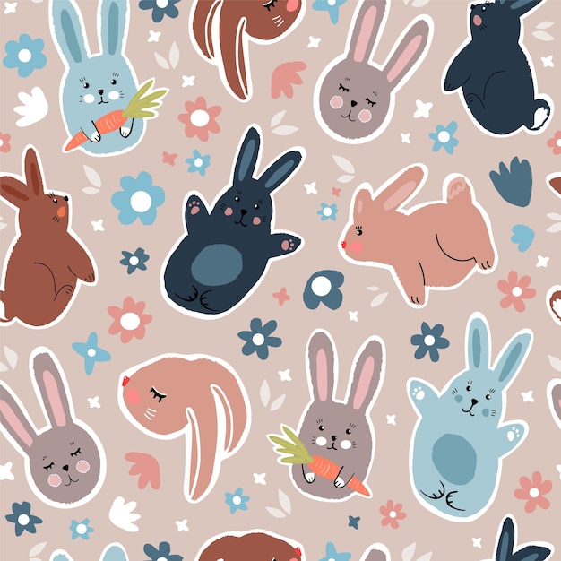 Seamless vector pattern of cute drawn bunnies and flowers tender flat illustration for baby