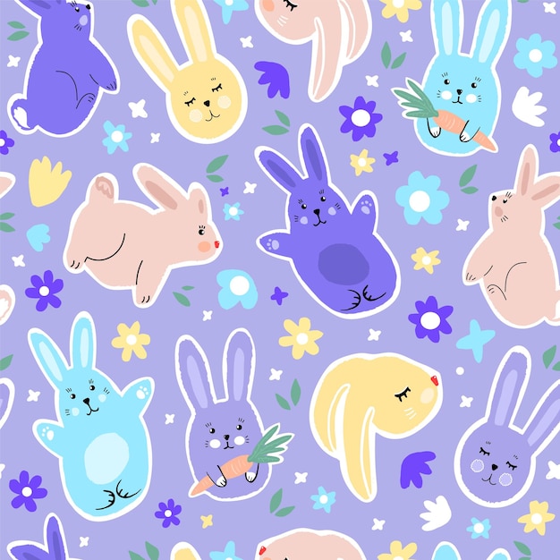 Seamless vector pattern of cute drawn bunnies and flowers tender flat illustration for baby