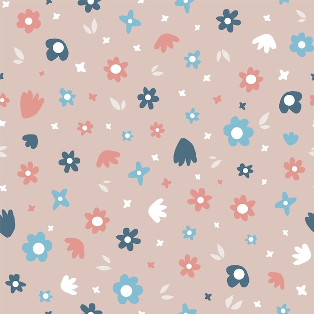 Seamless vector pattern of cute drawn flowers tender flat illustration for baby clothes