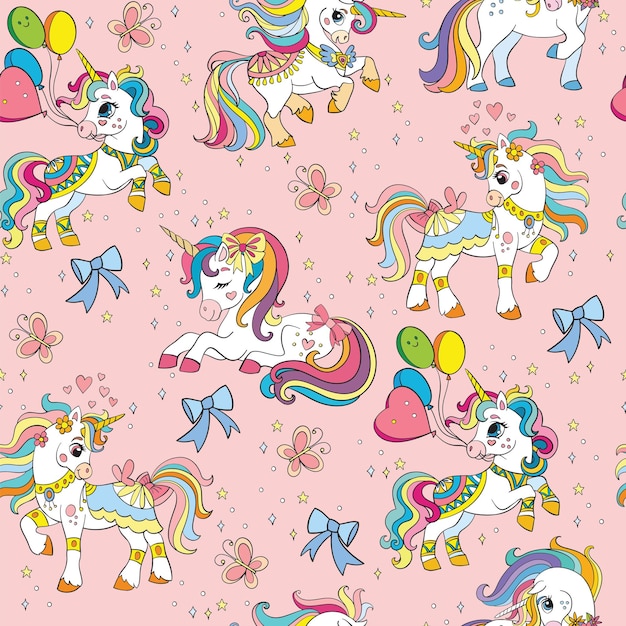 Seamless vector pattern cute party unicorns on pink