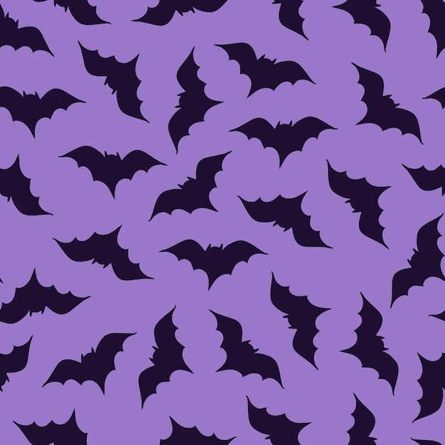 Seamless vector pattern dark purple spooky bats silhouettes on purple halloween Textile scrapbook