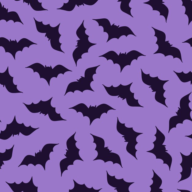 Vector seamless vector pattern dark purple spooky bats silhouettes on purple halloween textile scrapbook