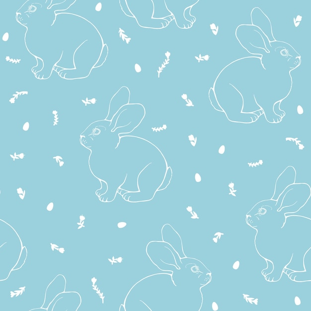 Seamless vector pattern of drawn rabbits eggs and flowers Simple blue outline illustration For fabric wrapping paper bedding wallpaper