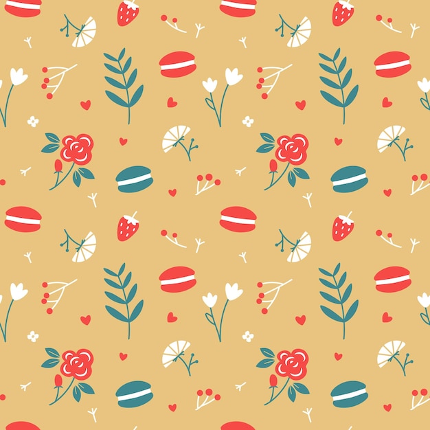 Seamless vector pattern of flowers sweets and hearts