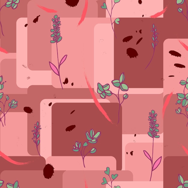 Seamless vector pattern flowers twigs herbs leaves brush strokes cubes and dots Rounded corners gray cubes herbs and textured brush strokes