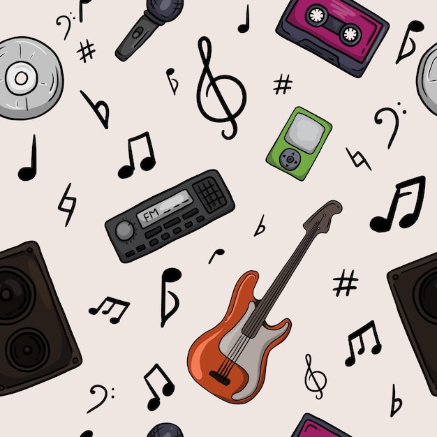 Seamless vector pattern for gift paper with musical instruments gadgets and sheet music in doodle