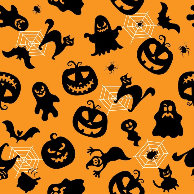 Seamless vector pattern for Halloween design Halloween symbols ghost bat pumpkin in cartoon style