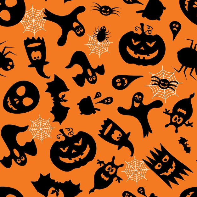 Seamless vector pattern for Halloween design Halloween symbols ghost bat pumpkin in cartoon style