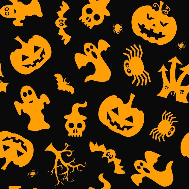 Seamless vector pattern for Halloween design Halloween symbols ghost bat pumpkin in cartoon style