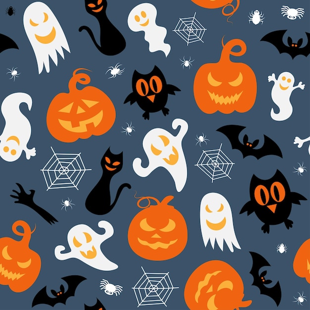 Seamless vector pattern for Halloween design Halloween symbols ghost bat pumpkin in cartoon style