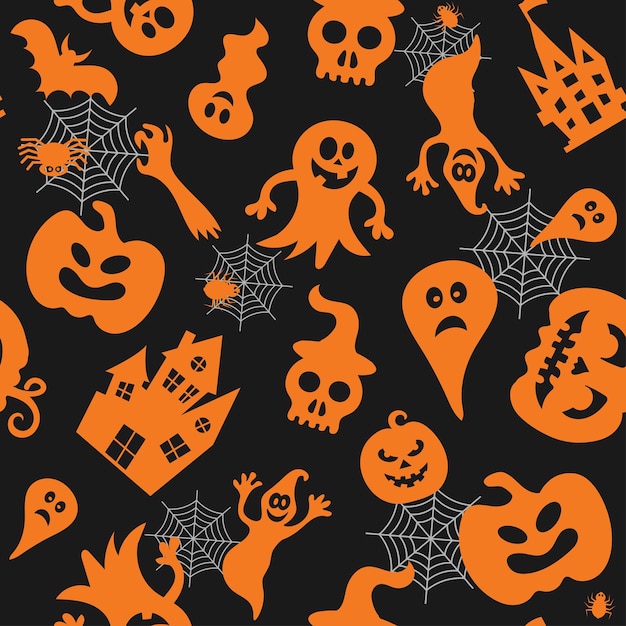 Seamless vector pattern for Halloween design Halloween symbols ghost bat pumpkin in cartoon style