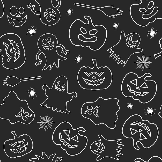 Seamless vector pattern for Halloween design Halloween symbols ghost spider pumpkin in cartoon style Vector Illustration