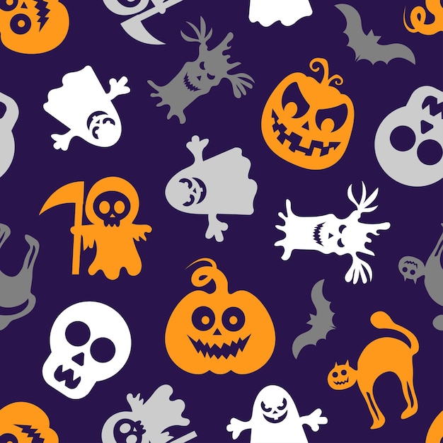 Seamless vector pattern for Halloween design Halloween symbols pumpkin ghost in cartoon style