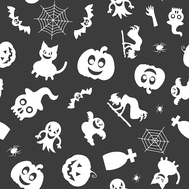 Seamless vector pattern for Halloween design Halloween symbols pumpkin spider ghost bat in cartoon