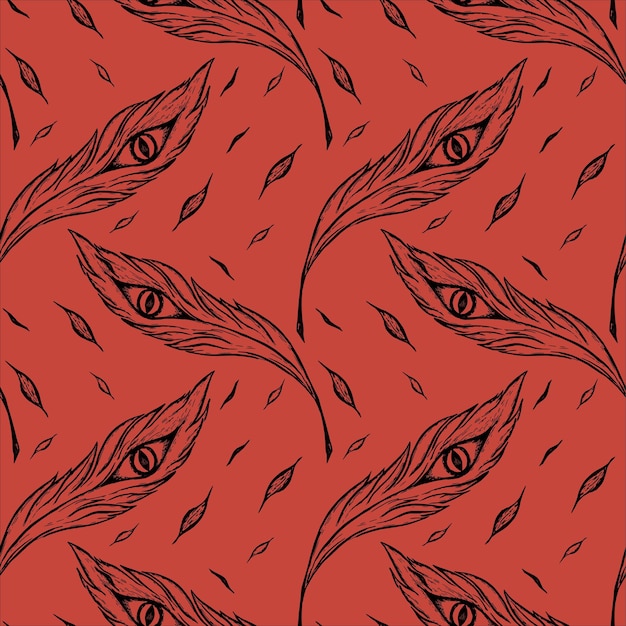 Seamless vector pattern hand drawing sketch featuring a peacock feather or a phoenix bird feather