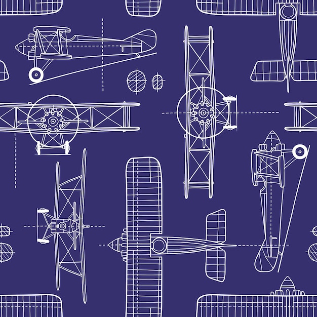 Seamless vector pattern. Hand drawn vintage airplane blueprint.