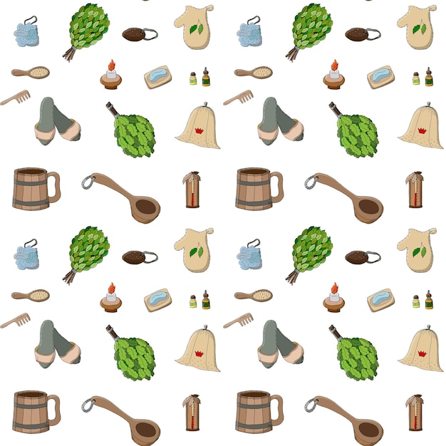 Seamless vector pattern of items for sauna and massage Ornament of elements of Russian tradition