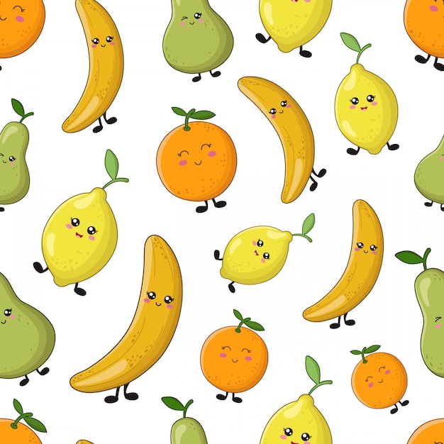 Seamless vector pattern - kawaii cartoon lemon, orange, banana 