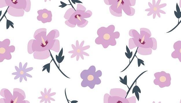 Seamless vector pattern of Korean rose Sharon hand drawn on a white isolated background Purple blooming flower with leaves Colored plant element Flat vector illustration