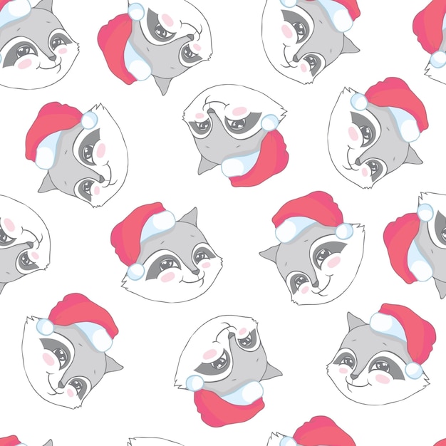 Seamless vector pattern Merry Christmas design ornament festive print Cute raccoon in Santa Claus hat with presents on snow background Black white red blue yellow color