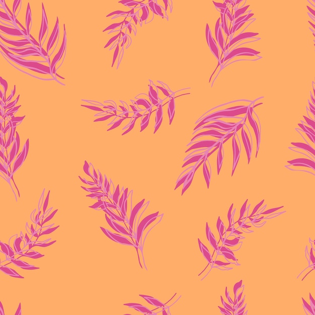 Seamless vector pattern palm leaves pinklilac leaf and outline on background For textiles packaging fabrics wallpapers backgrounds invitations Summer tropics hand illustration