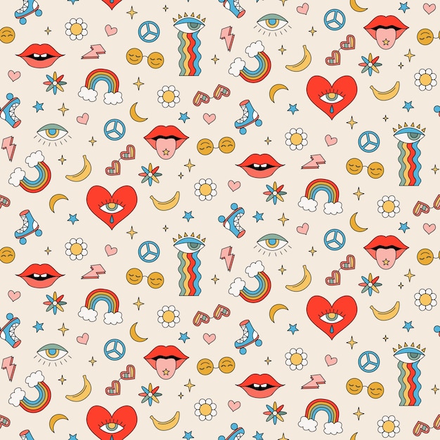 Seamless vector pattern retro vintage 70s groovy hippy style. Cartoon flowers, rainbow, lips, eyes.