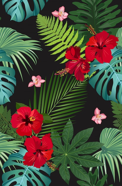 Seamless vector pattern tropical leaves with red hibiscus flower and pink orchid