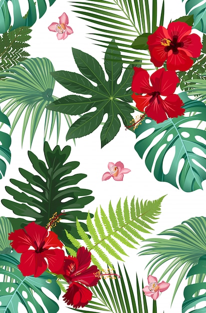 Seamless vector pattern tropical leaves with red hibiscus flower and pink orchid