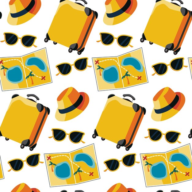 Vector seamless vector pattern with beachthemed elements sunglasses suitcase map and hat ideal for fabric prints wallpapers and summerthemed designs