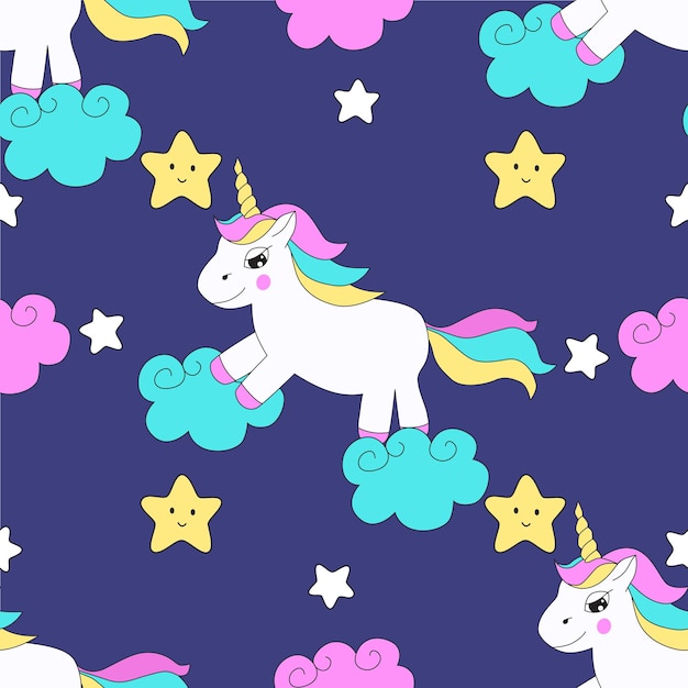 Seamless vector pattern with beautiful unicorns, clouds, stars.