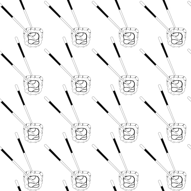 Seamless vector pattern with black and white line art sushi rolls and chopsticks Asian food background