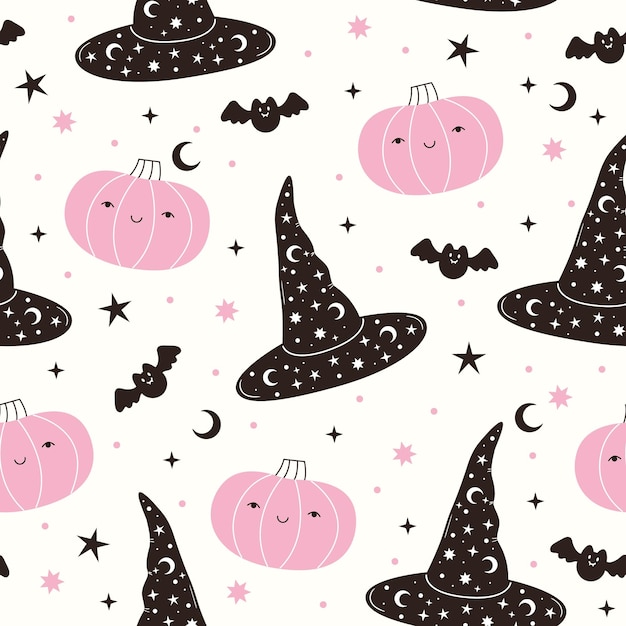 Seamless vector pattern with black witch hat bat and pink pumpkin Halloween background