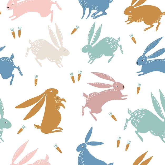 Seamless vector pattern with carrots and cute colorful hares rabbits bunnies Graphic print